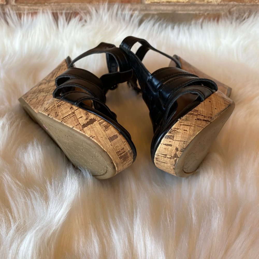 FRANCO SARTO Sandals T-Strap Peep Toe “Mary Beth” Black Leather Cork Wedge 9.5 - Picture 6 of 6